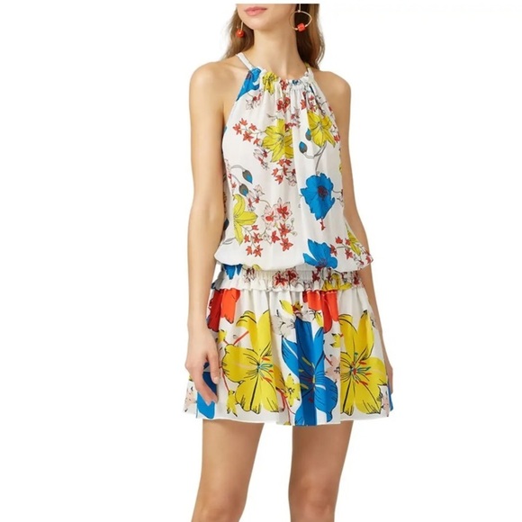 Ramy Brook Dresses & Skirts - RAMY BROOK silk high neck mini dress lined floral white yellow blue size XS